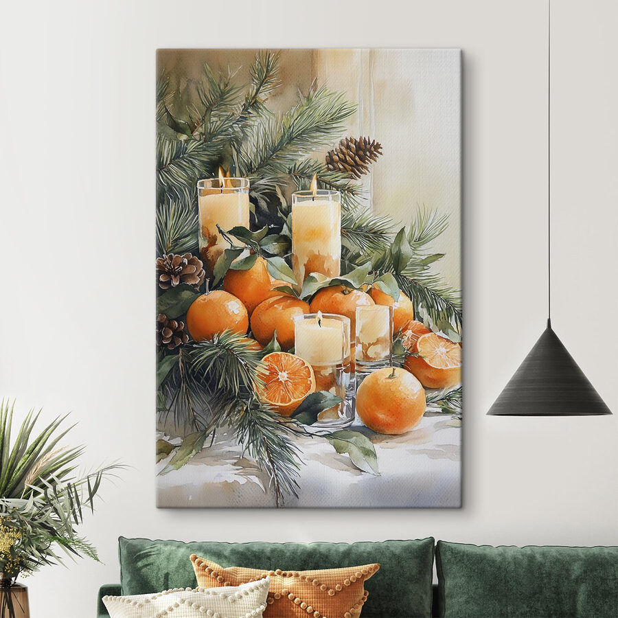 Schilderij van sinaasappels en kaarsen