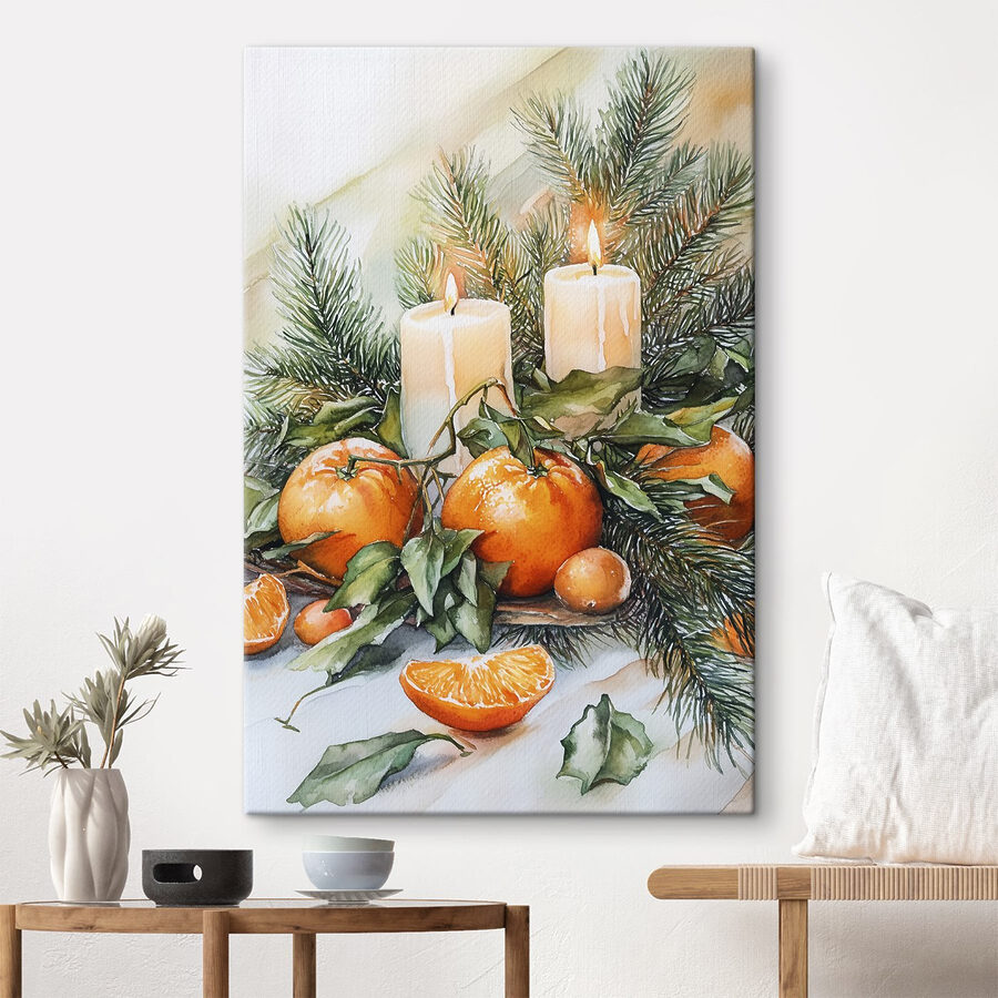 Aquarel van sinaasappels en kaarsen op een tafel