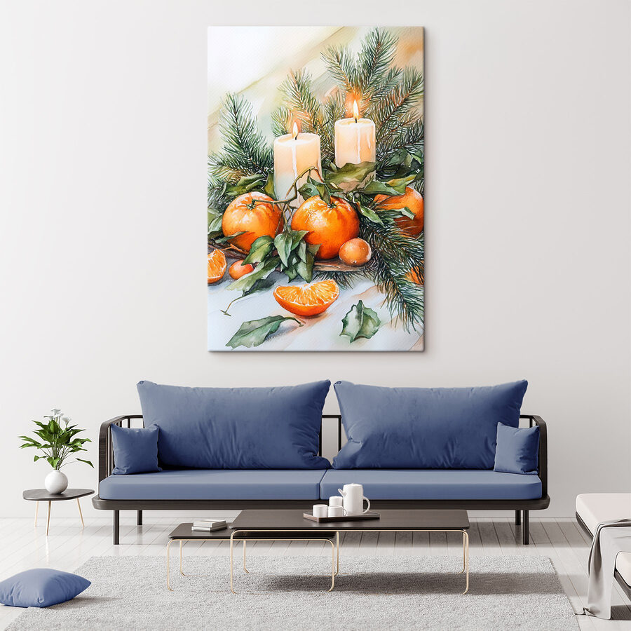 Aquarel van sinaasappels en kaarsen op een tafel