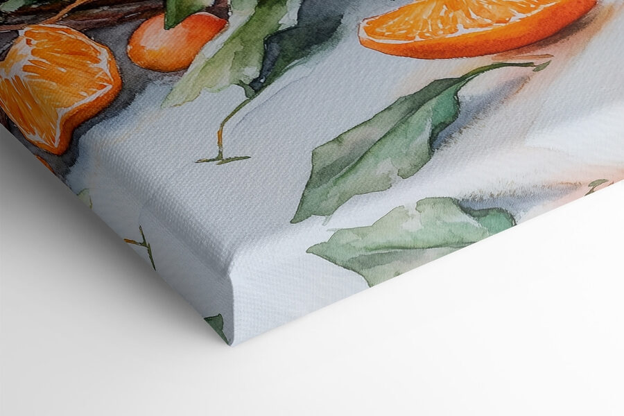 Aquarel van sinaasappels en kaarsen op een tafel