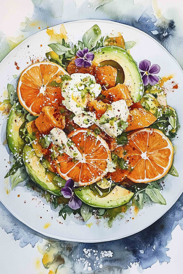 Bord eten met sinaasappels en avocado Bord eten met sinaasappels en avocado