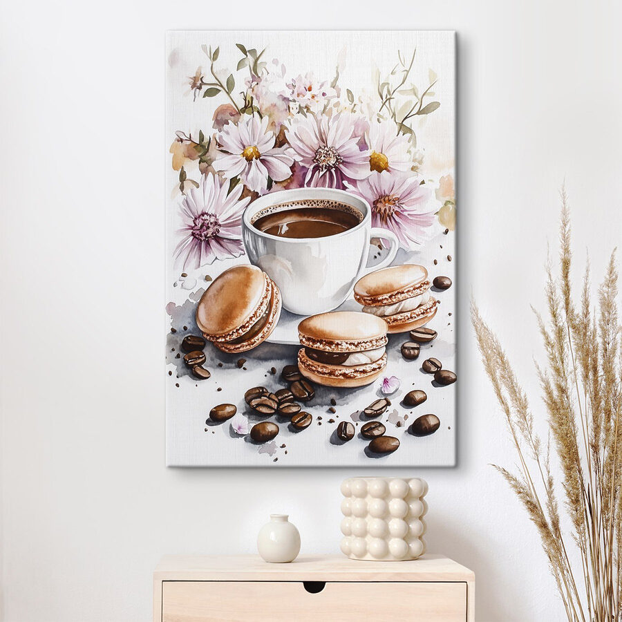 Aquarel van een kop koffie met koekjes