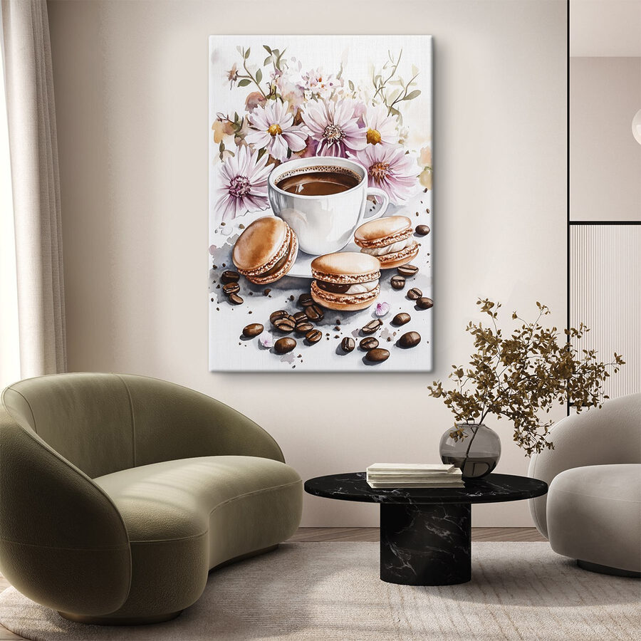 Aquarel van een kop koffie met koekjes