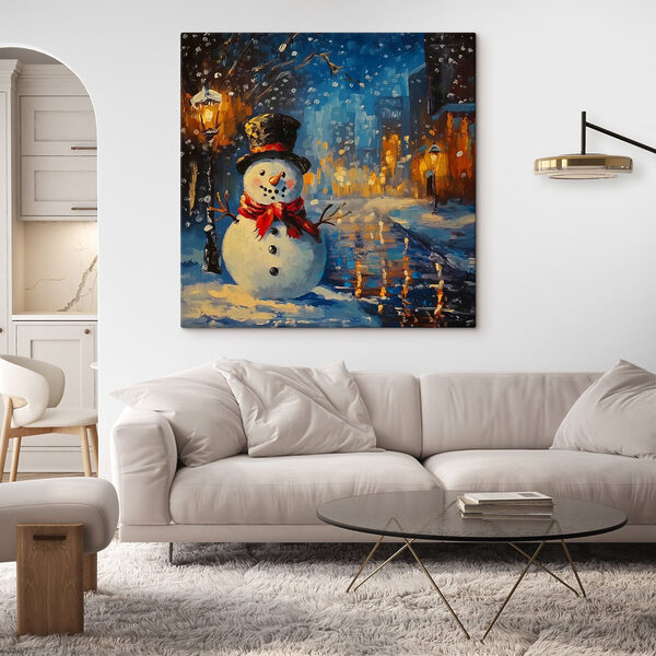 Sneeuwpop in een besneeuwde stad Canvas Schilderijen Sneeuwpop in een besneeuwde stad
