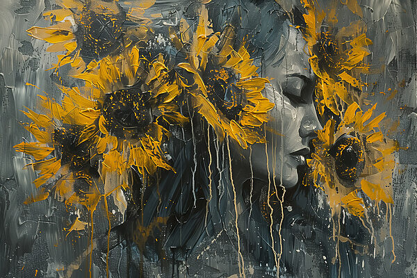 Schilderij van een vrouw met zonnebloemen Schilderij van een vrouw met zonnebloemen