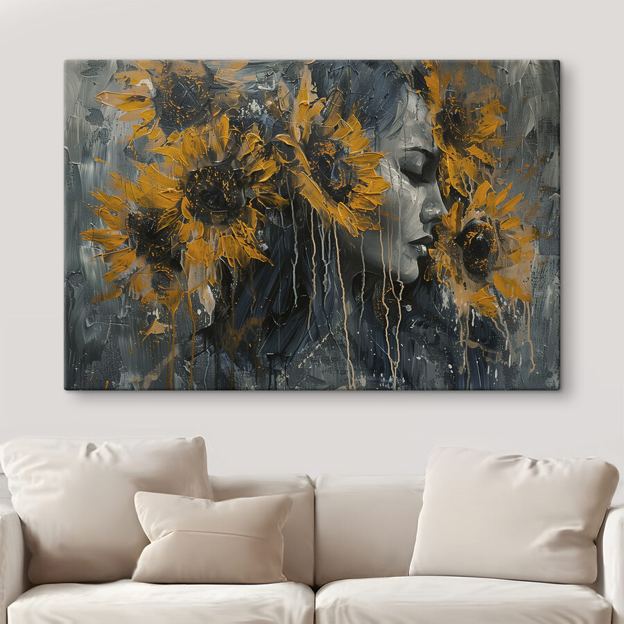 Schilderij van een vrouw met zonnebloemen