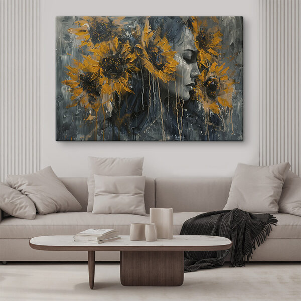 Schilderij van een vrouw met zonnebloemen Schilderij van een vrouw met zonnebloemen