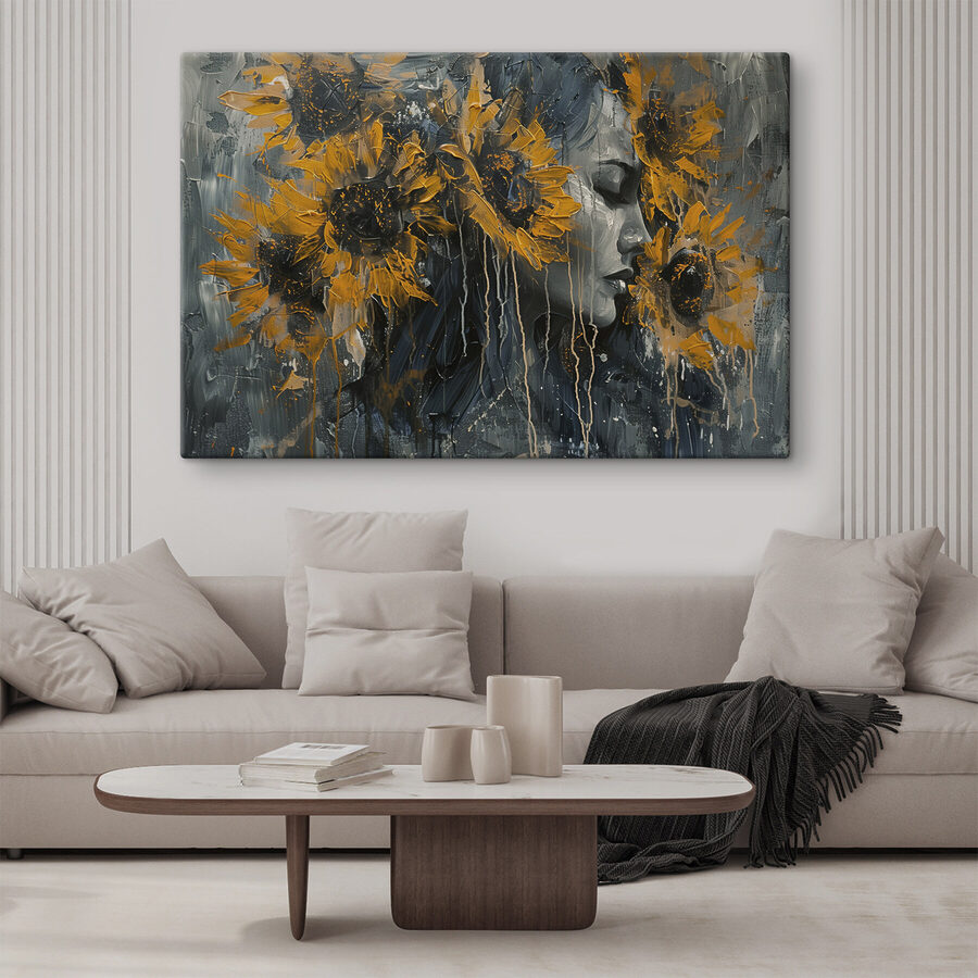 Schilderij van een vrouw met zonnebloemen