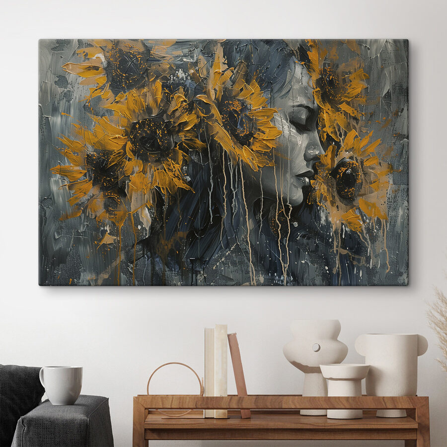 Schilderij van een vrouw met zonnebloemen