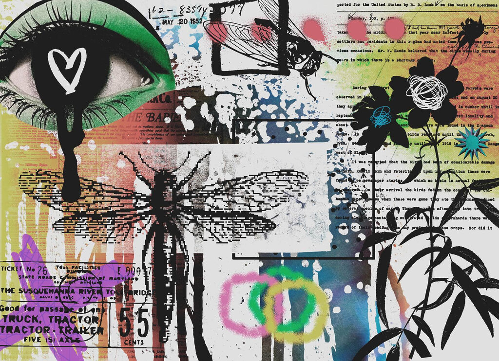 Collage van kunst met libellen en bloemen Collage van kunst met libellen en bloemen