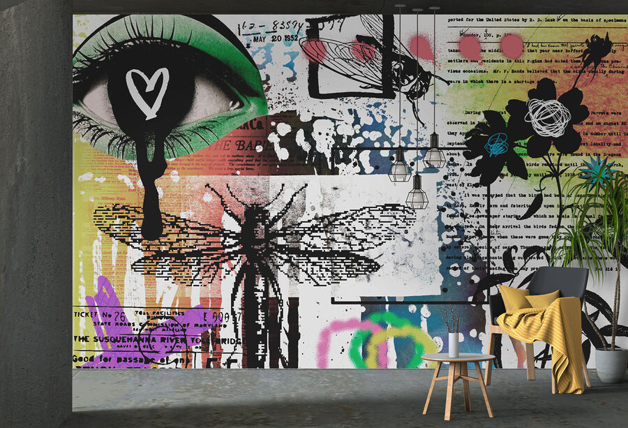 Collage van kunst met libellen en bloemen