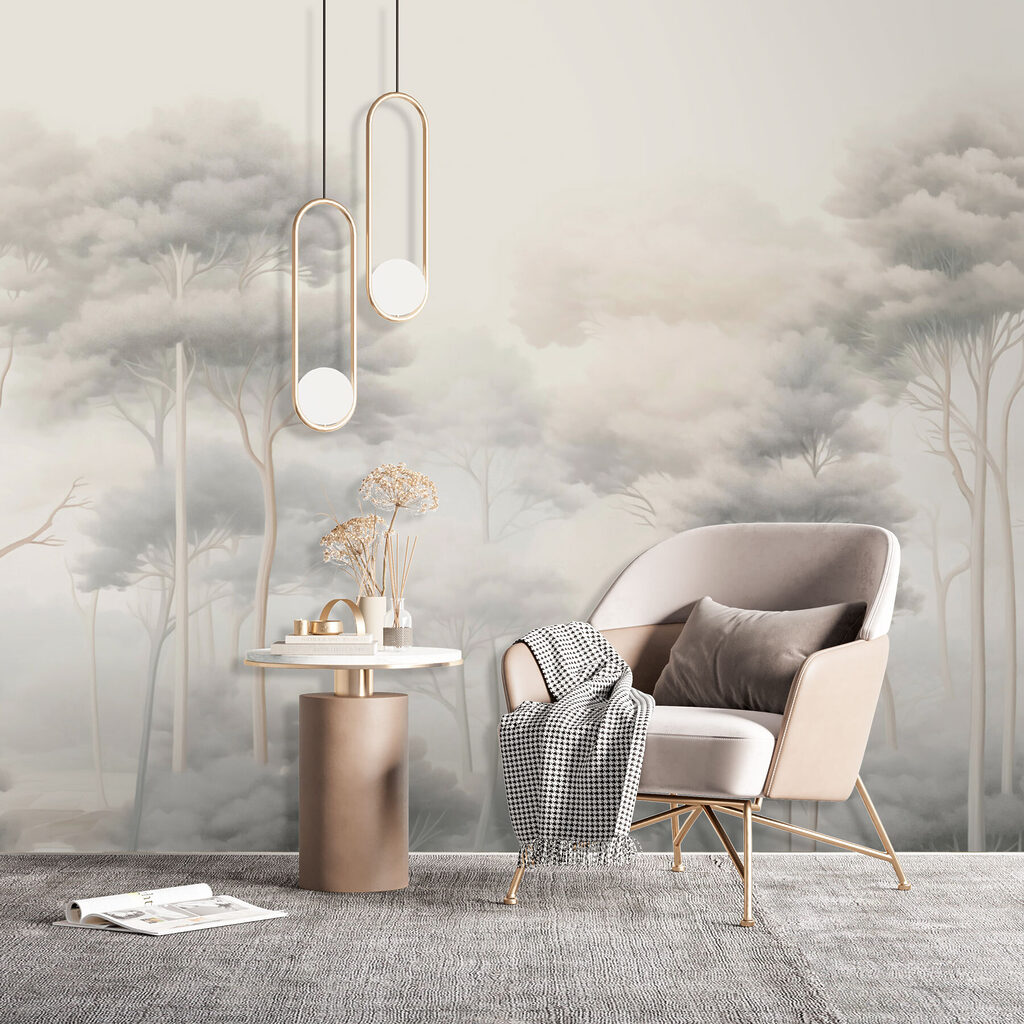 Group of trees in a foggy forest