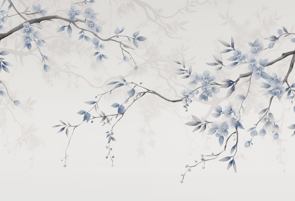 Tak met blauwe bloemen en bladeren Tak met blauwe bloemen en bladeren
