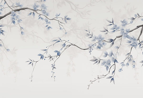 Tak met blauwe bloemen en bladeren Tak met blauwe bloemen en bladeren