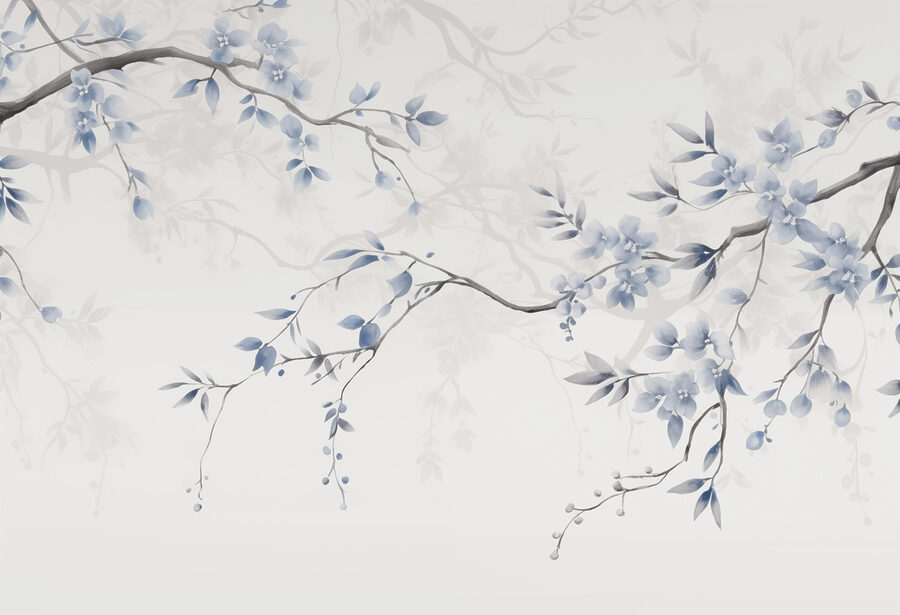 Tak met blauwe bloemen en bladeren