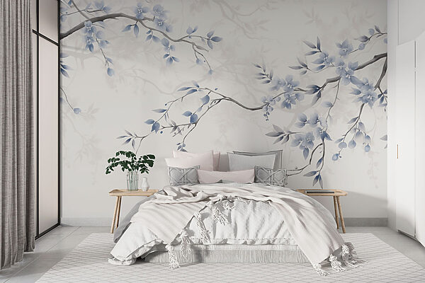 Tak met blauwe bloemen en bladeren Tak met blauwe bloemen en bladeren