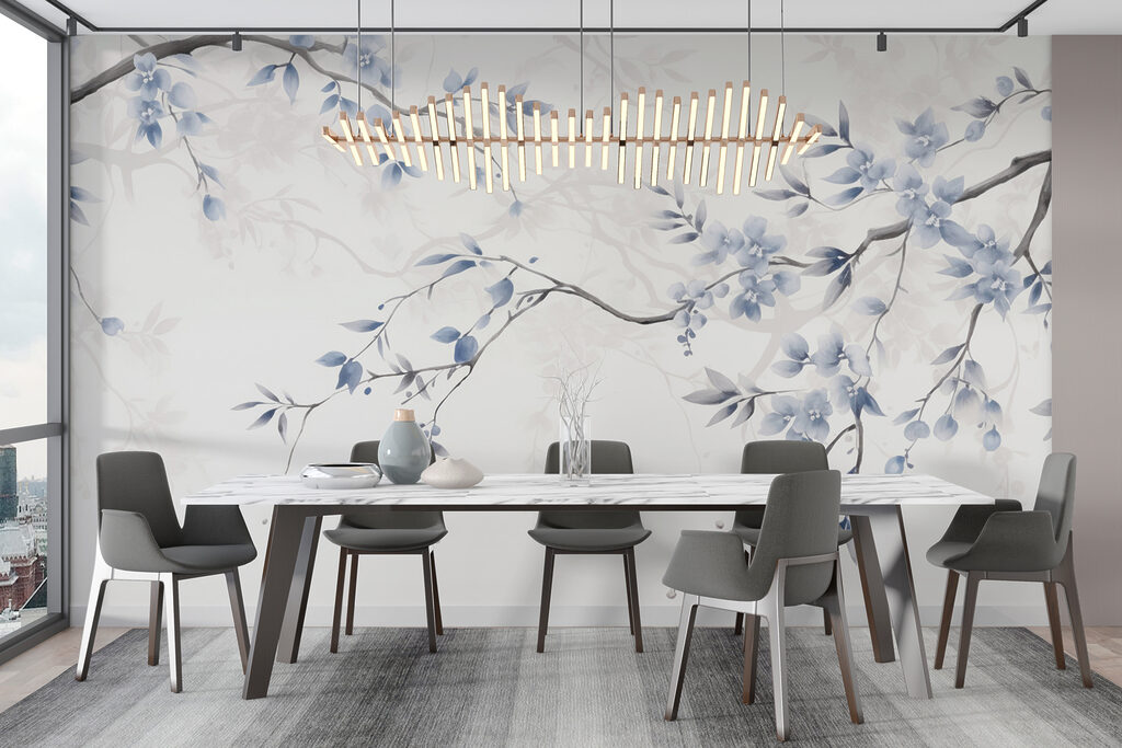 Branch with blue flowers and leaves