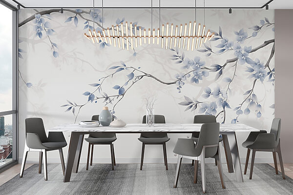 Tak met blauwe bloemen en bladeren Tak met blauwe bloemen en bladeren