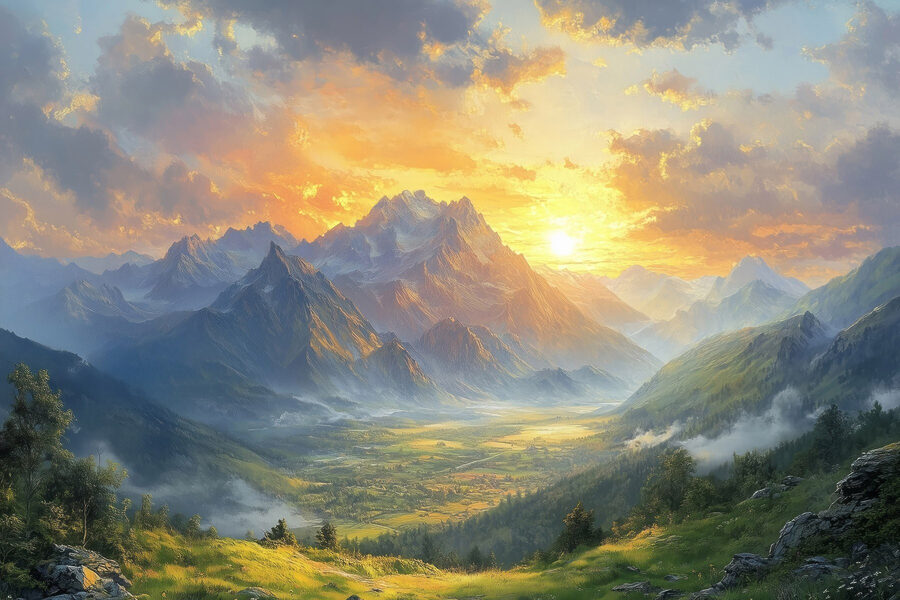 Landschap van bergen en een vallei met wolken en zon