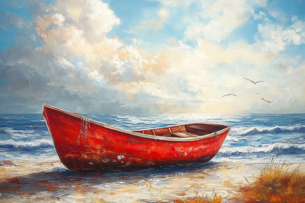 Painting of a boat on a beach