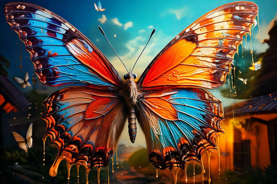 Vlinder met oranje en blauwe vleugels