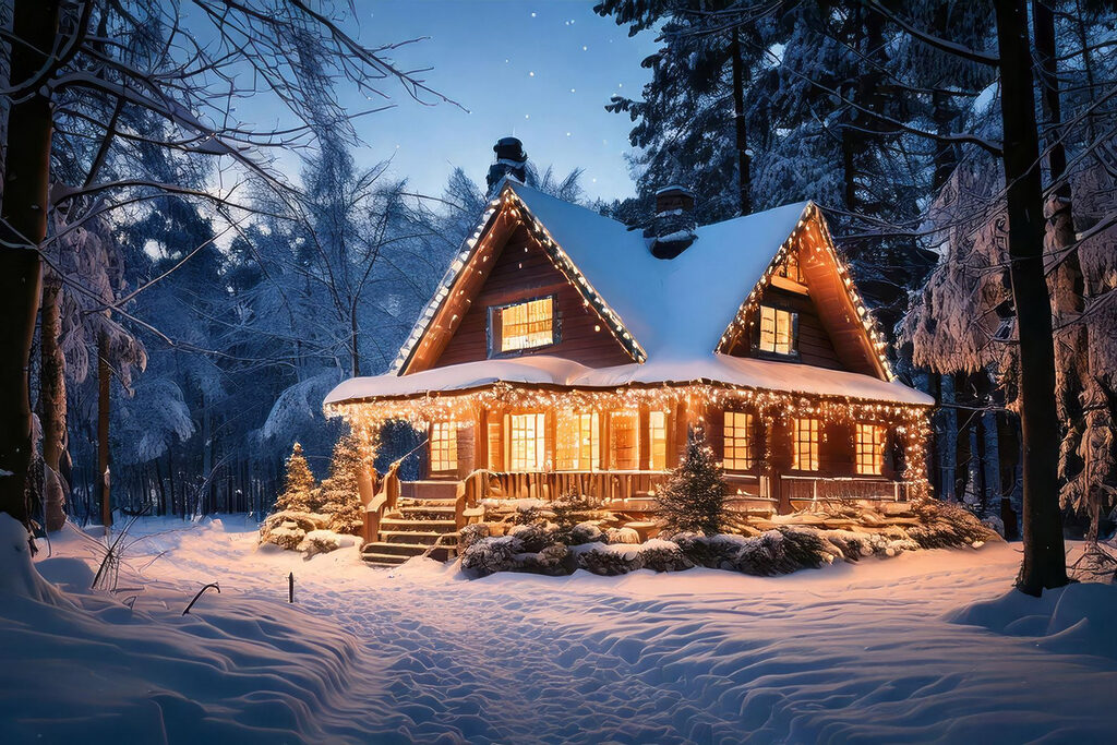 House with lights on it in the snow