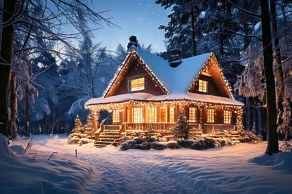 Huis met lichtjes in de sneeuw Huis met lichtjes in de sneeuw