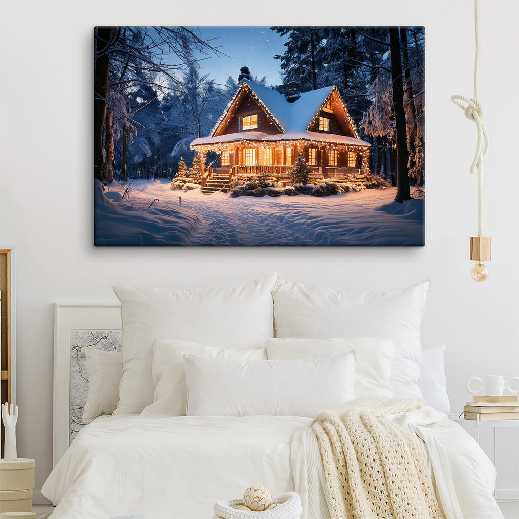 House with lights on it in the snow