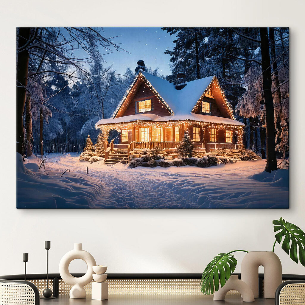 House with lights on it in the snow