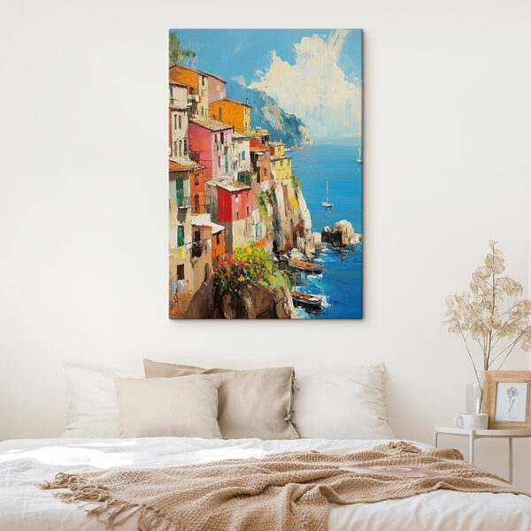 Schilderij van een kleurrijk stadje op een klif aan het water Canvas Schilderijen Schilderij van een kleurrijk stadje op een klif aan het water