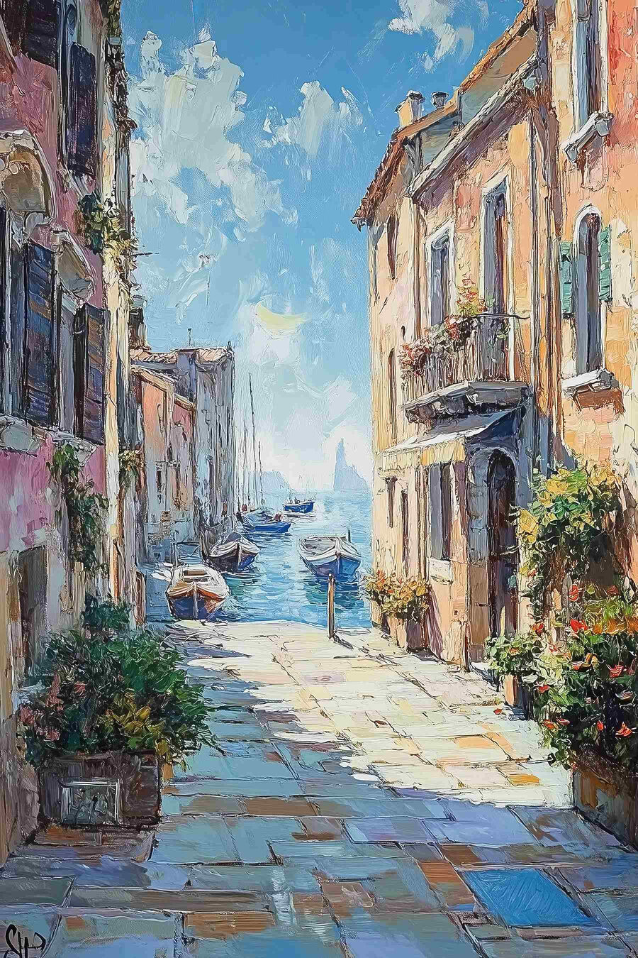 Schilderij van een straat met boten en gebouwen Schilderij van een straat met boten en gebouwen