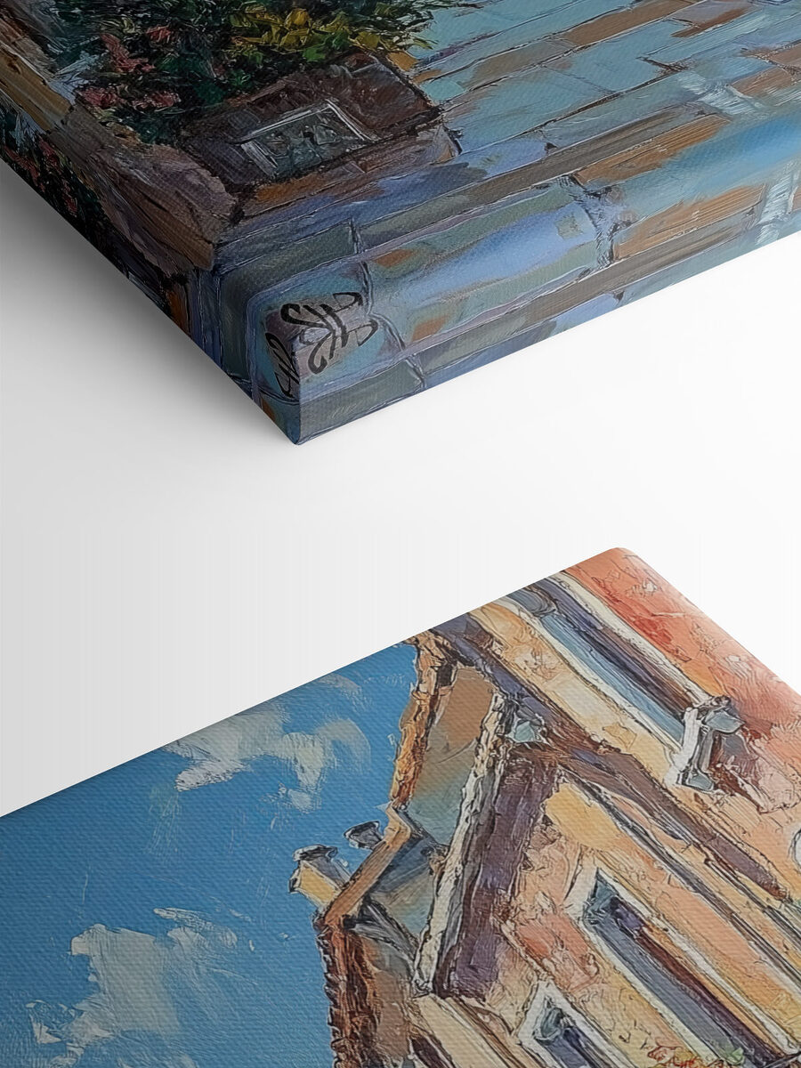 Schilderij van een straat met boten en gebouwen Schilderij van een straat met boten en gebouwen
