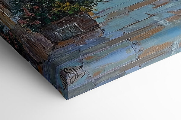 Schilderij van een straat met boten en gebouwen Schilderij van een straat met boten en gebouwen