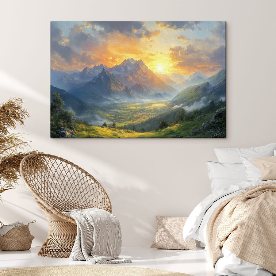 Landschap van bergen en een vallei met wolken en zon