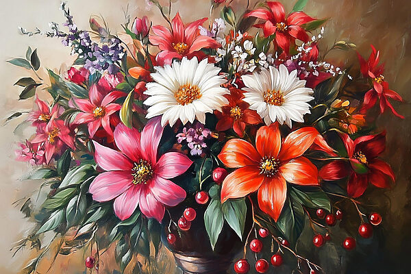 Schilderij van bloemen in een vaas Schilderij van bloemen in een vaas