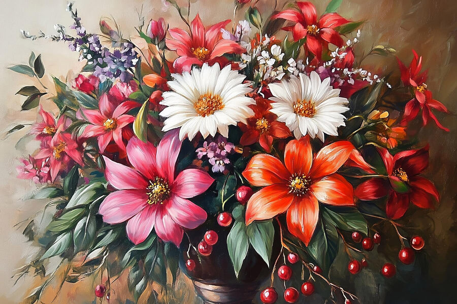 Schilderij van bloemen in een vaas
