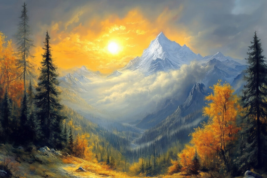 Berglandschap met bomen en wolken