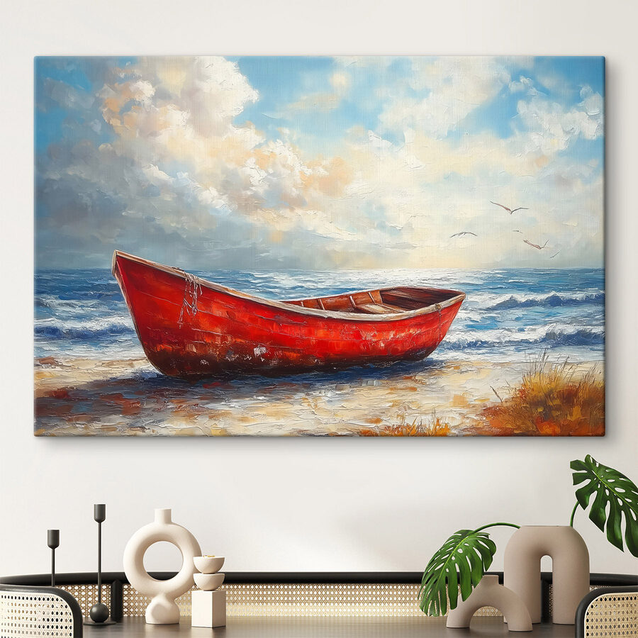 Canvas Schilderijen Schilderij van een boot op een strand