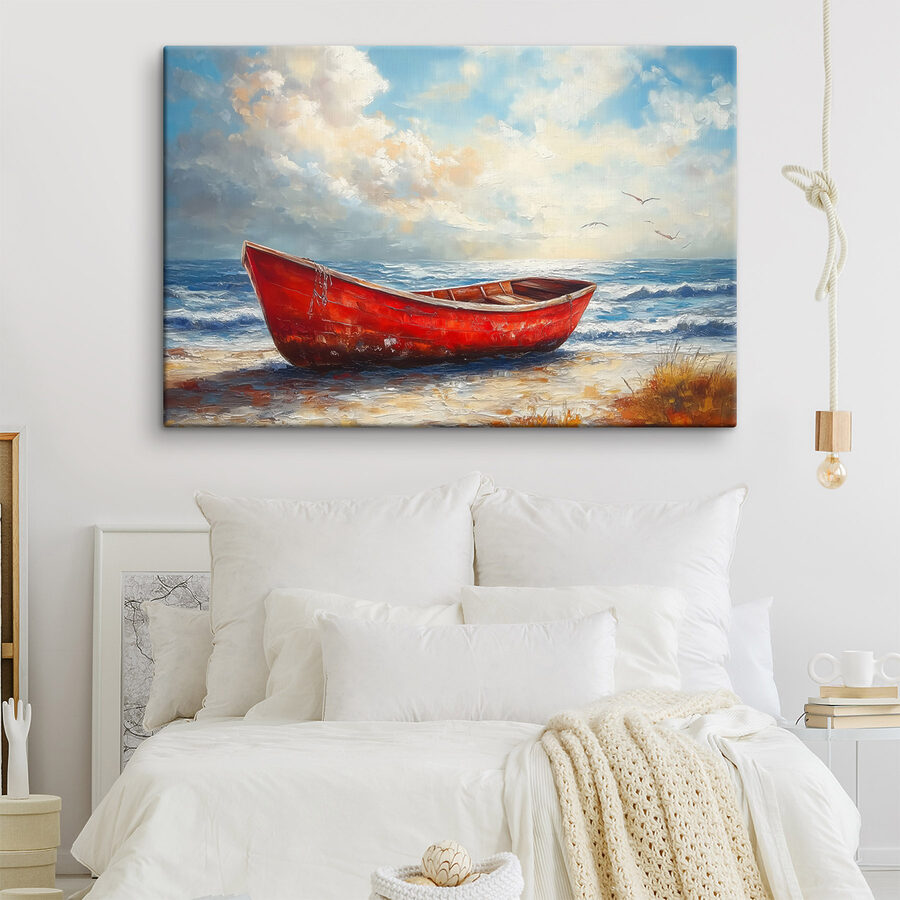 Canvas Schilderijen Schilderij van een boot op een strand - Afbeelding 2