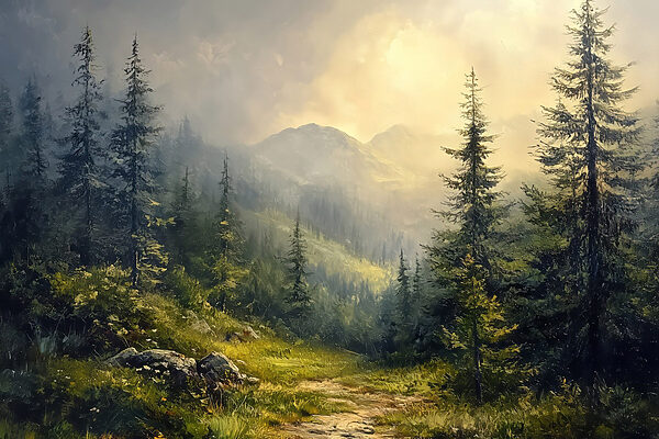 Schilderij van een bos met bergen en bomen Schilderij van een bos met bergen en bomen