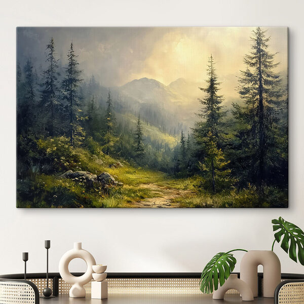 Canvas Schilderijen Canvas Schilderijen Schilderij van een bos met bergen en bomen (Artikelnummer: s42019)
