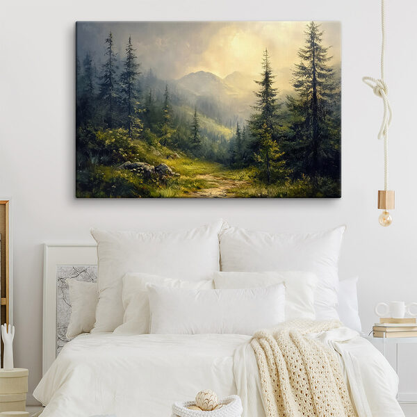 Schilderij van een bos met bergen en bomen Schilderij van een bos met bergen en bomen