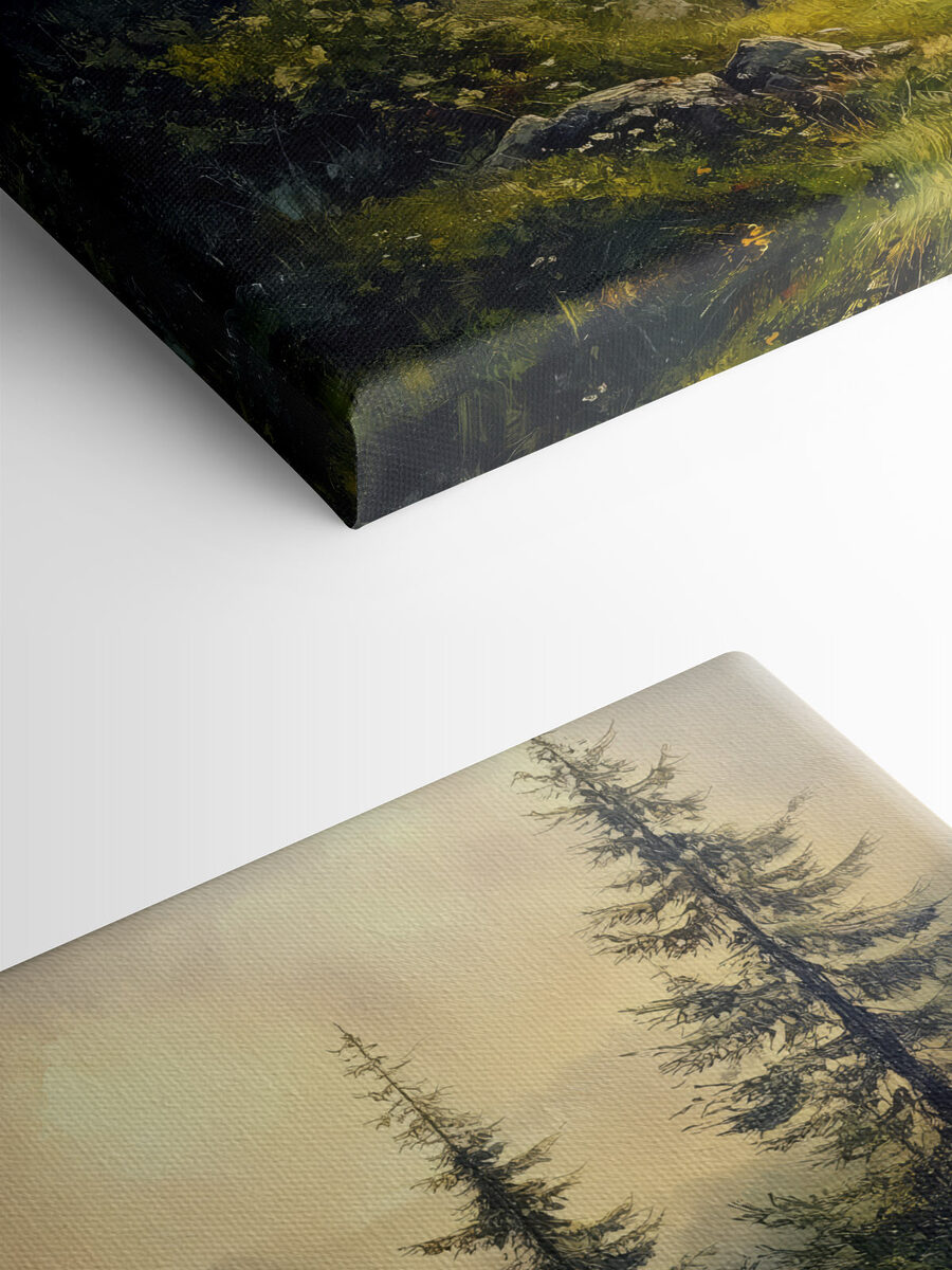 Schilderij van een bos met bergen en bomen Schilderij van een bos met bergen en bomen
