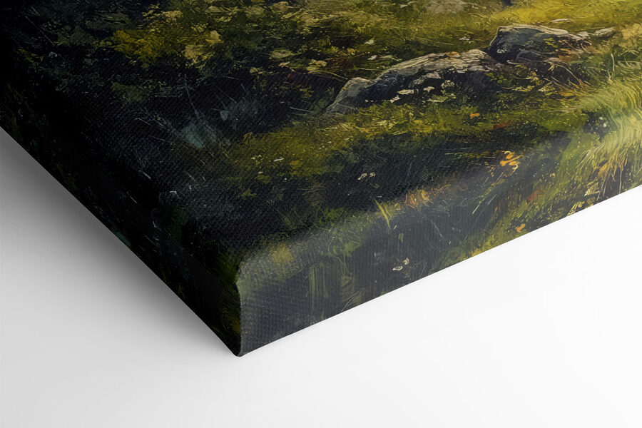 Schilderij van een bos met bergen en bomen Schilderij van een bos met bergen en bomen