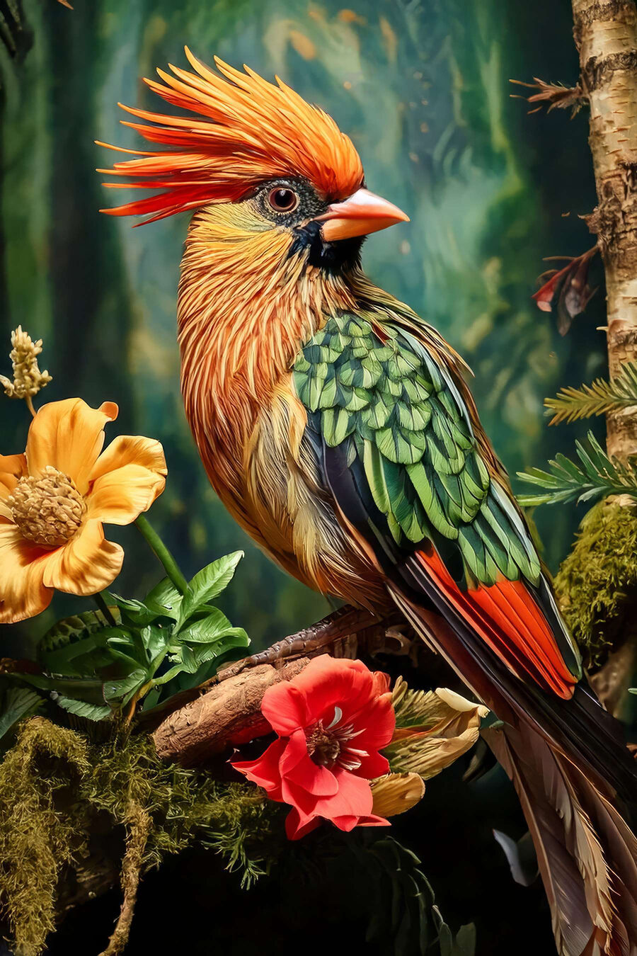 Kleurrijke vogel zittend op een tak met bloemen
