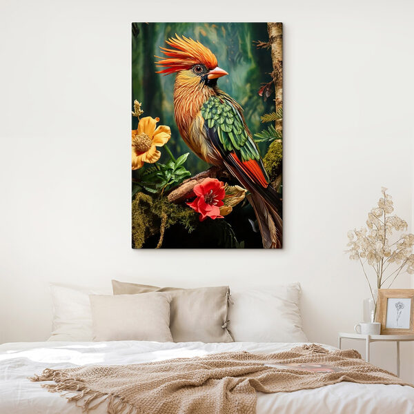 Kleurrijke vogel zittend op een tak met bloemen Kleurrijke vogel zittend op een tak met bloemen