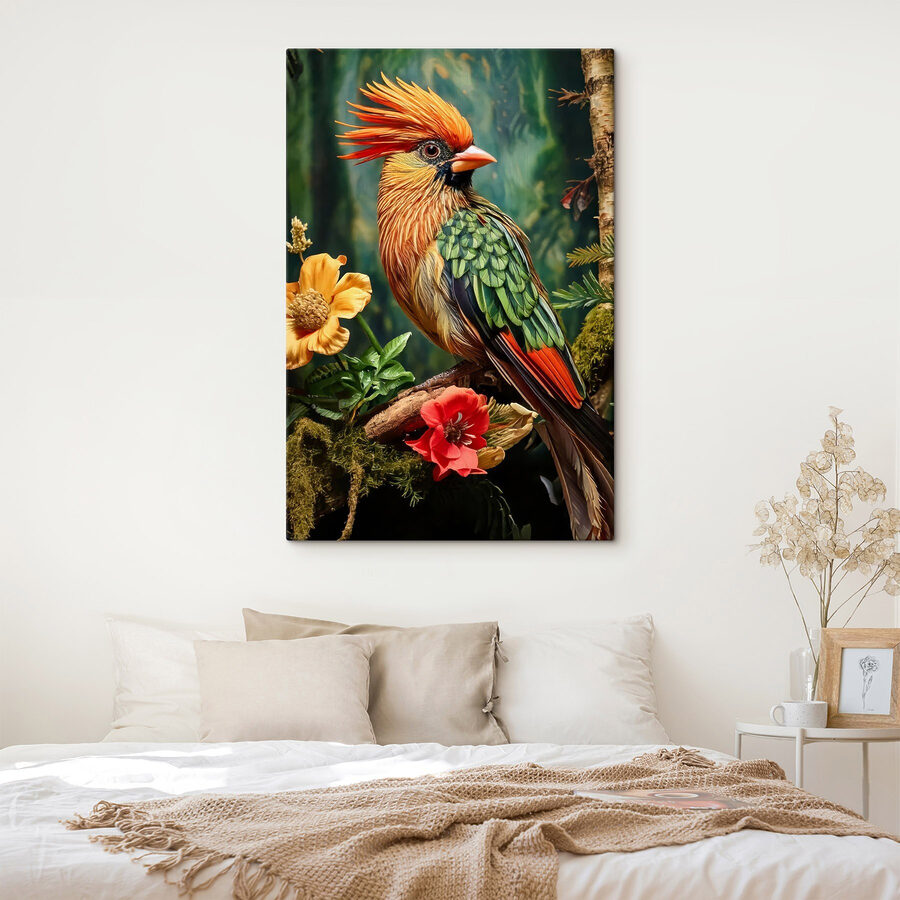 Kleurrijke vogel zittend op een tak met bloemen