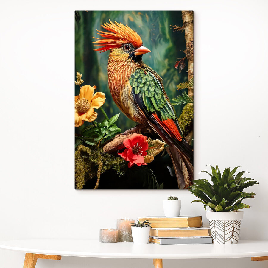 Kleurrijke vogel zittend op een tak met bloemen