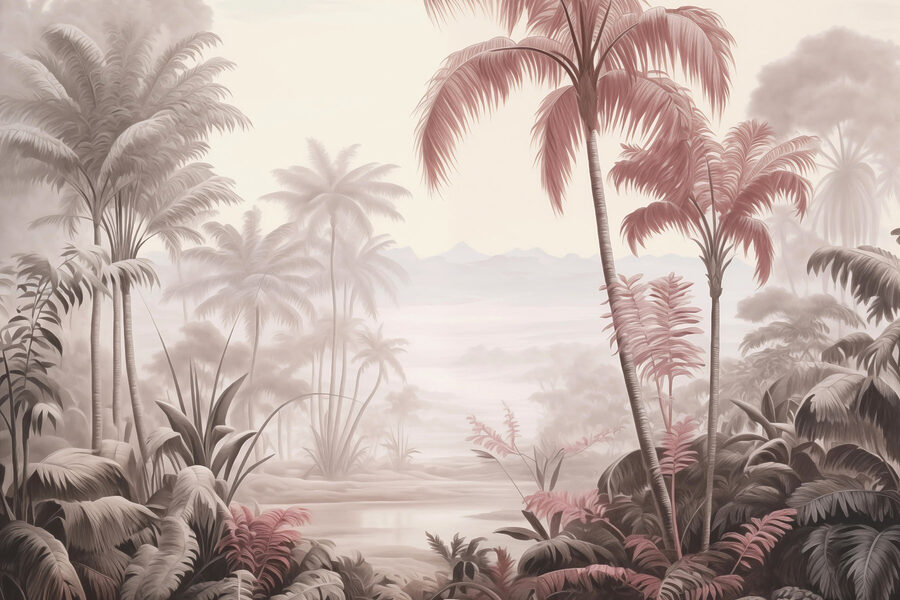 Landschap met palmbomen en bergen
