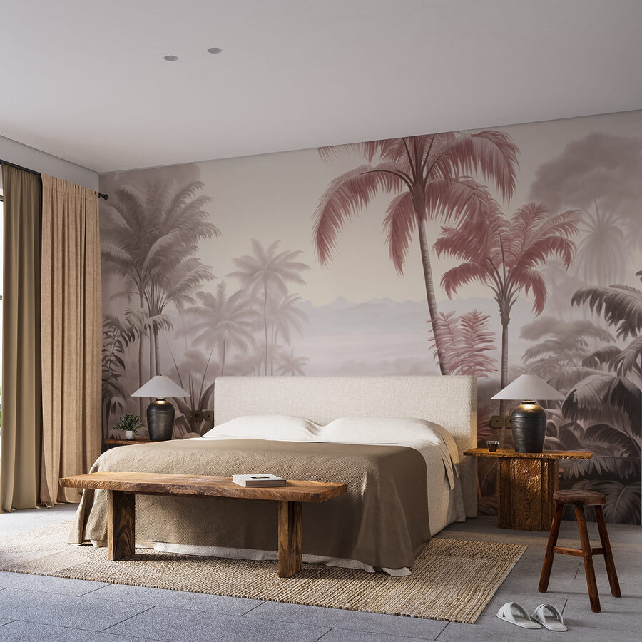Landschap met palmbomen en bergen